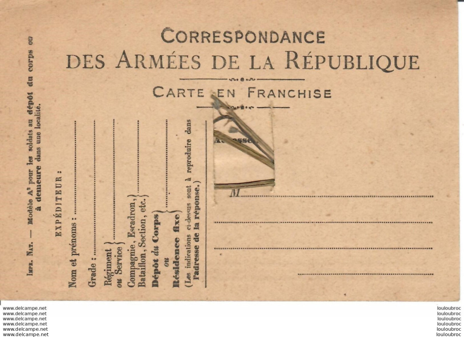 CORRESPONDANCE DES ARMEES DE LA REPUBLIQUE AVEC FLEUR SECHEE GUERRE 1914-1918 F1 - Covers & Documents
