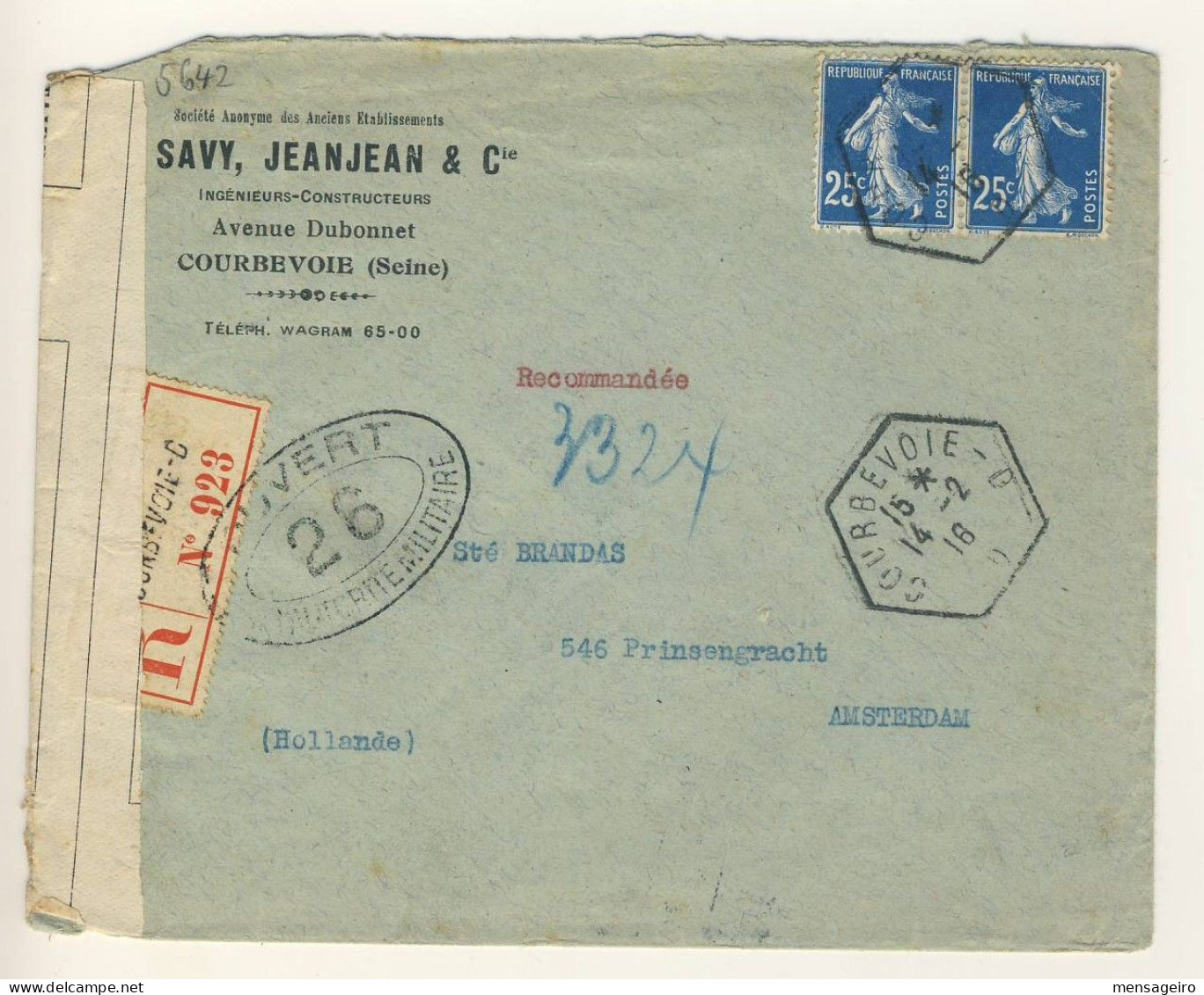 (C14) - Y&T N°140 X2 SEMEUSE - LETTRE RECOMMANDEE CENSUREE RAU COURBEVOIE D => HOLLANDE 1916 TARIF 1-20GRS 01/05/1910 - Covers & Documents