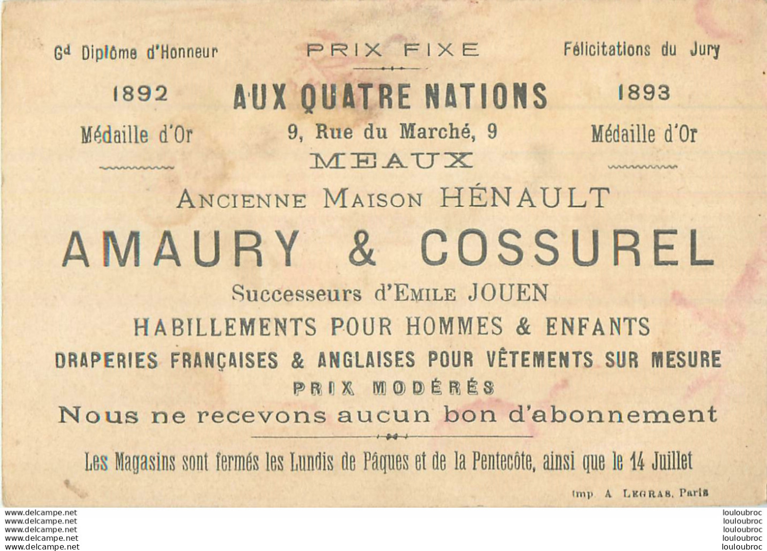 CHROMO AUX QUATRE NATIONS AMAURI ET COSSUREL A MEAUX 9 RUE DU MARCHE - Andere & Zonder Classificatie