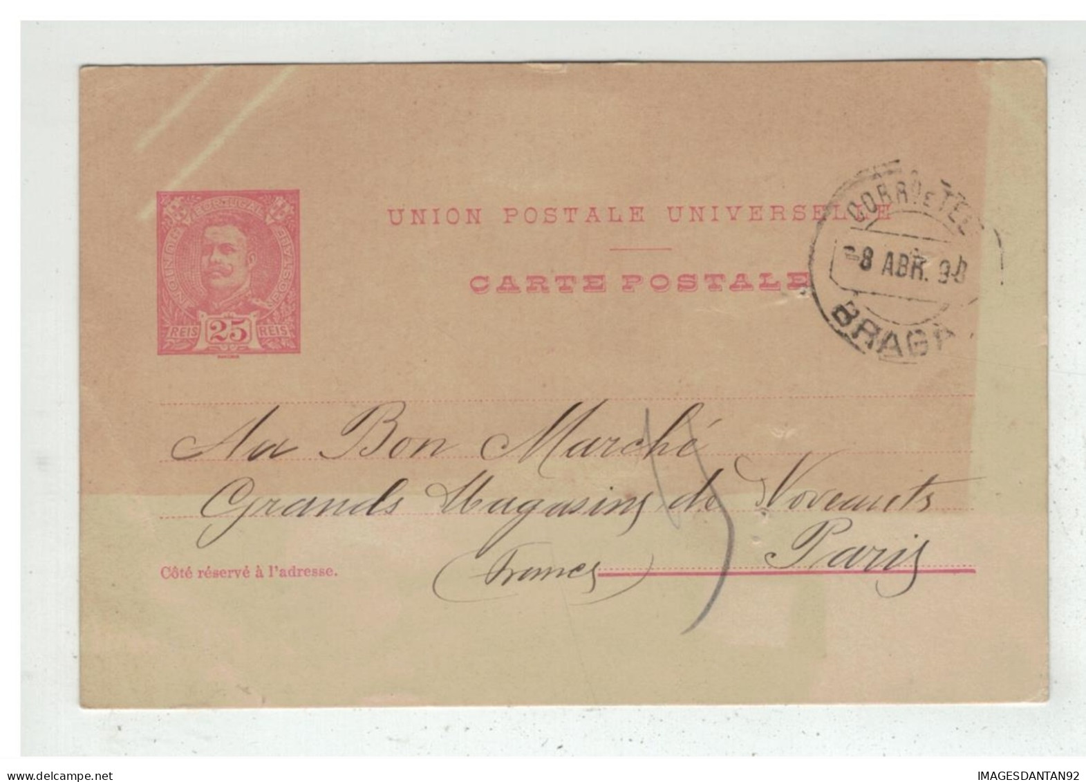 PORTUGAL ENTIER POSTAL BRAGA 1899 TO PARIS FRANCE - Covers & Documents