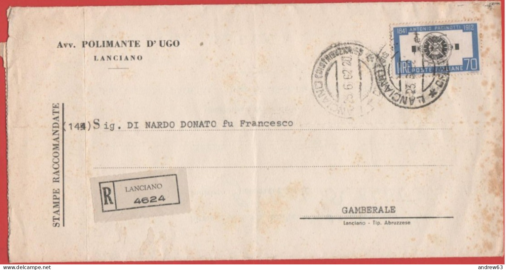 ITALIA - Storia Postale Repubblica - 1962 - 70 50º Anniversario Della Morte Di Antonio Pacinotti (Isolato) - Stampe Racc - 1961-70: Poststempel