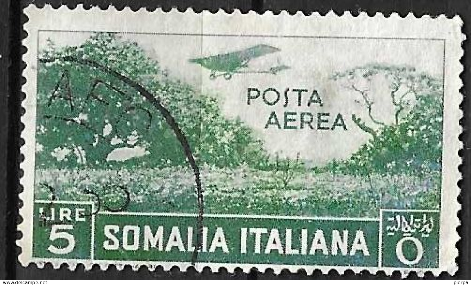 SOMALIA - 1936 - POSTA AEREA - LIRE 5 - USATO (YVERT AV 26 - MICHEL 241 - SS A 17) - Somalia