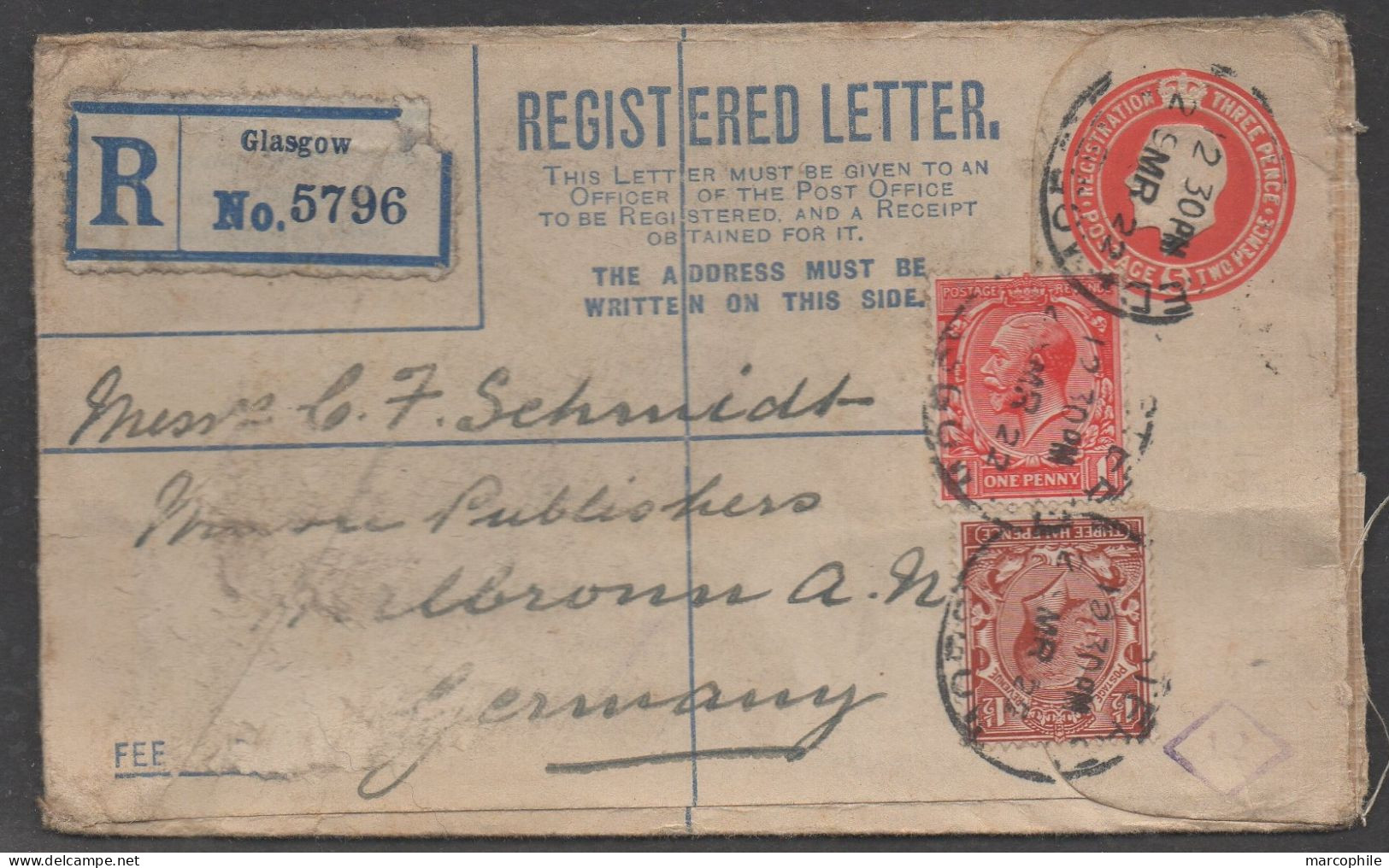GLASGOW - GB - UK /1922 ENTIER POSTAL RECOMMMANDE POUR L' ALLEMAGNE - Material Postal