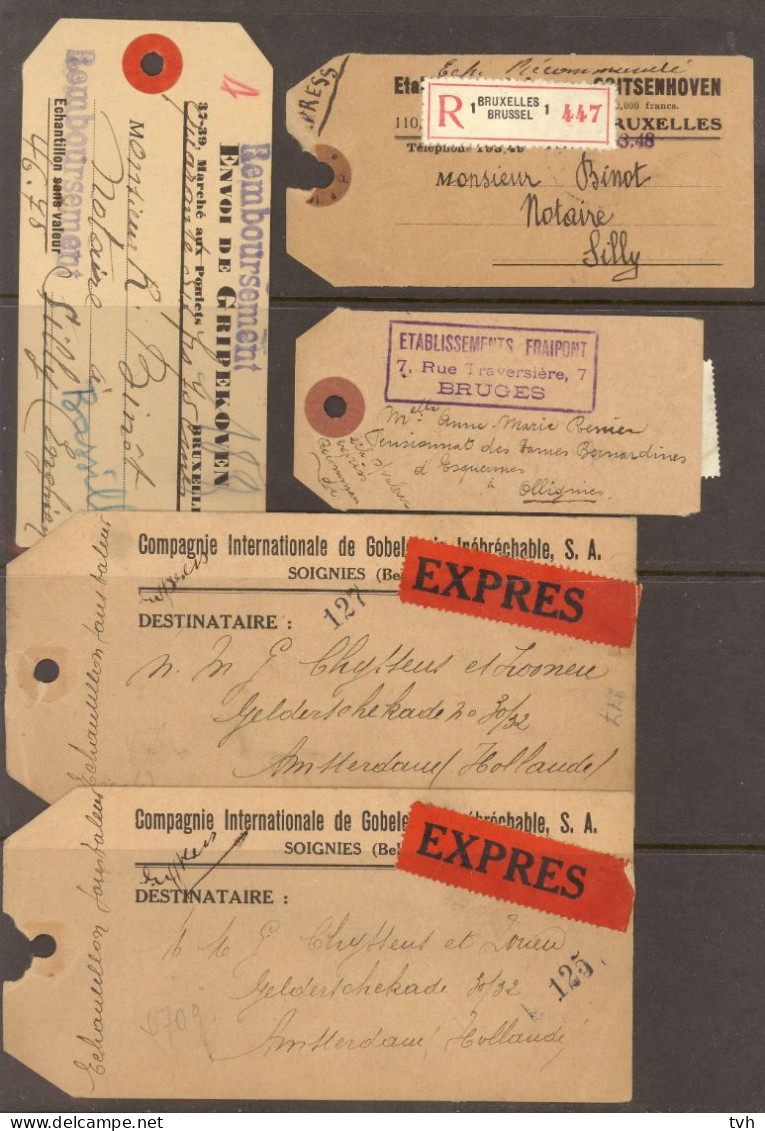 5 Pakket Etiketten Met Zegels N°320-321-423-528  Remboursement(Echantillon Sans Valeur) Bruxelles 25 IV 1940 Silly (Bas - Covers & Documents