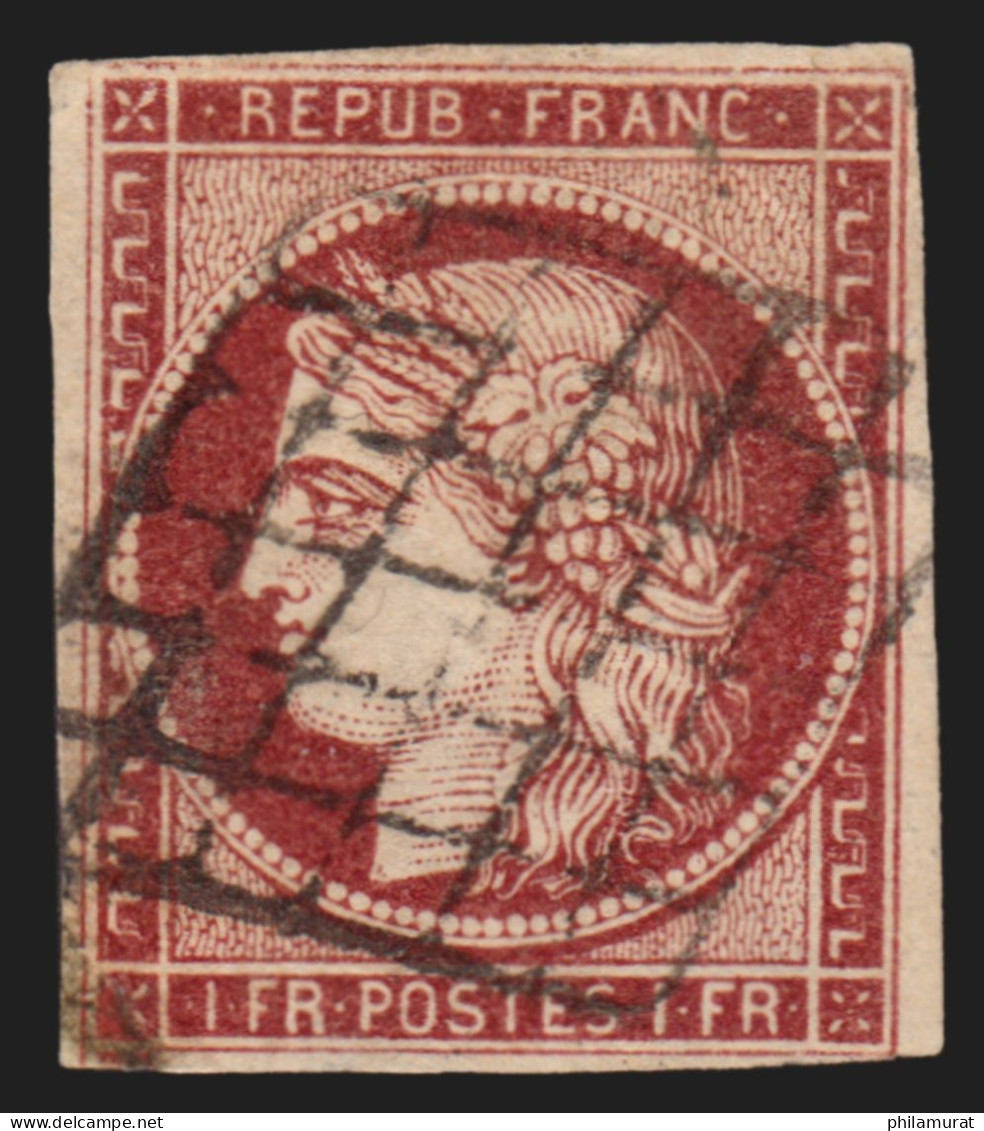 N°6b, Cérès 1fr CARMIN-FONCÉ, Oblitéré Grille, Signé CALVES - B/TB - 1849-1850 Ceres