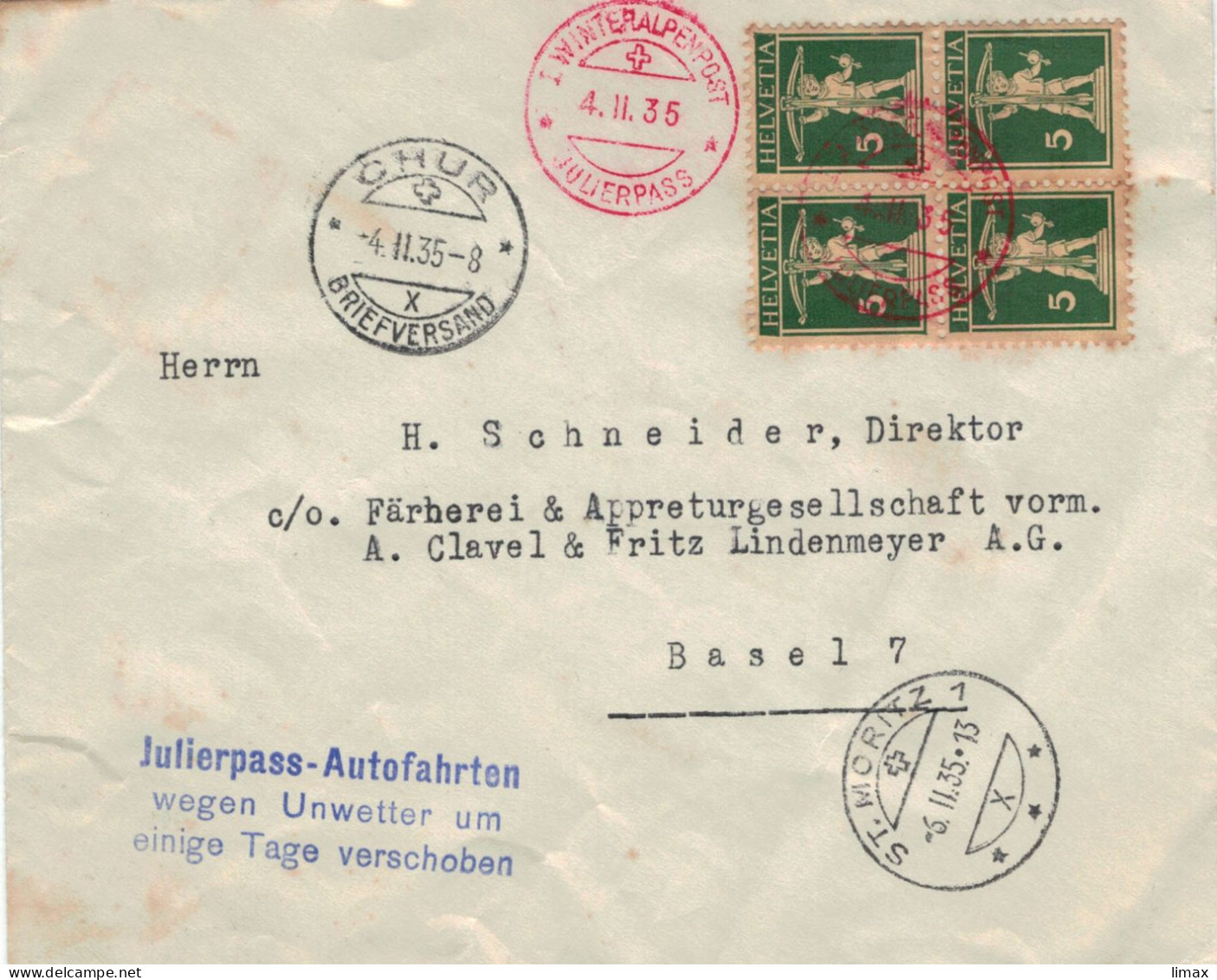 Winteralpenpost 1935 Julierpass Autofahrten Wegen Unwetter Verschoben > Schneider Basel Via St. Moritz & Chur - Tell Bub - Covers & Documents