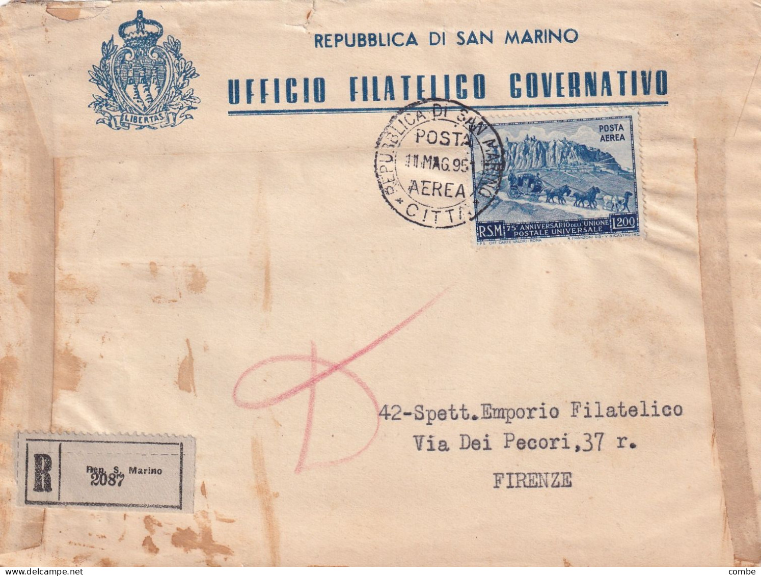 ITALIA.BUSTA. 11 5 51. UFFICIO FILATELICO GOVERNATIVO. SAN MARINO. RECOMMANDATTA PER FIRENZE - 1946-60: Storia Postale