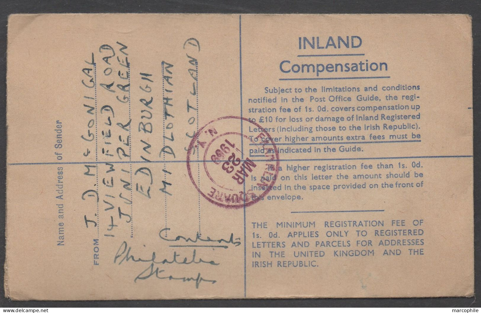 JUNIPER GREEN - GB - UK /1959 ENTIER POSTAL RECOMMMANDE AVION POUR LES USA - Material Postal