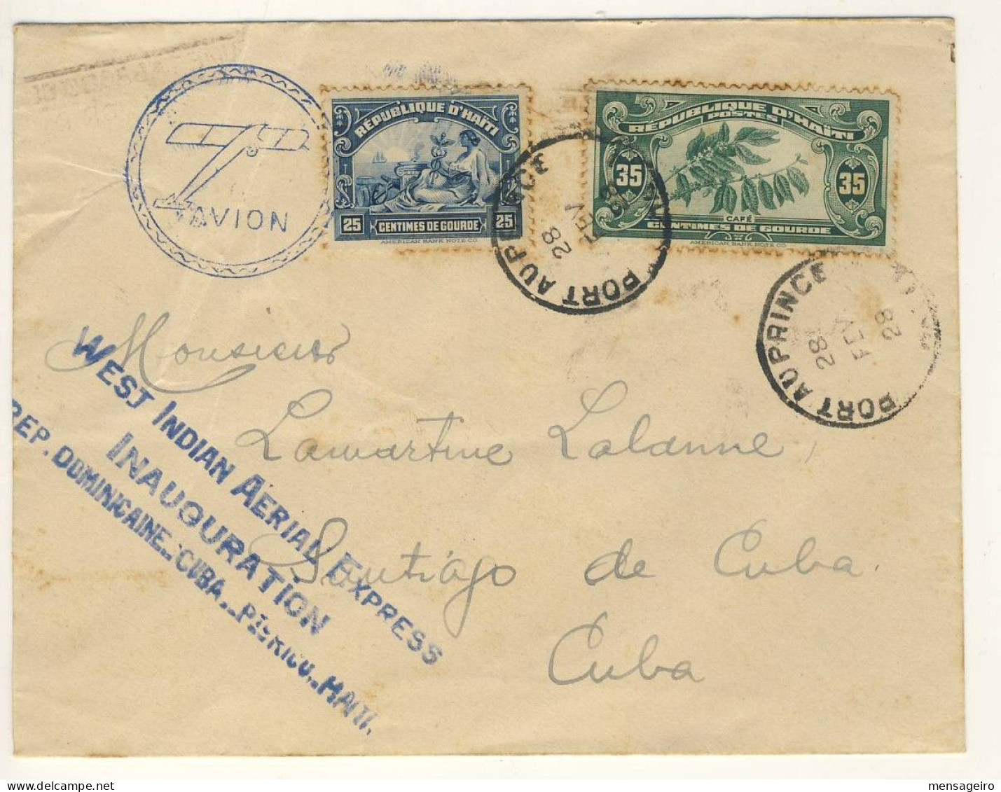 (C01) - HAITI - WIAE INAUGURATION AIR MAIL COVER PORT AU PRINCE => CUBA 1928 - Haití