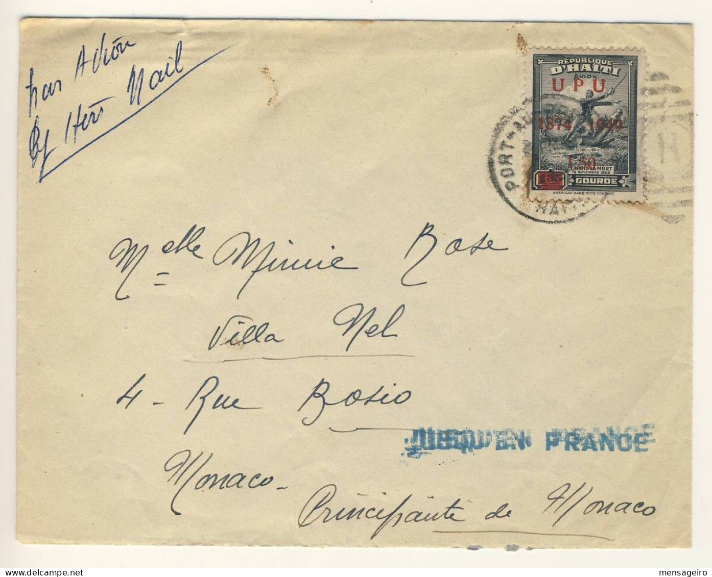 (C01) - HAITI - Y&T PA5 - SCOTT C051 AIR MAIL COVER P AU P => MONACO + MARK JUSQU EN FRANCE - Haiti