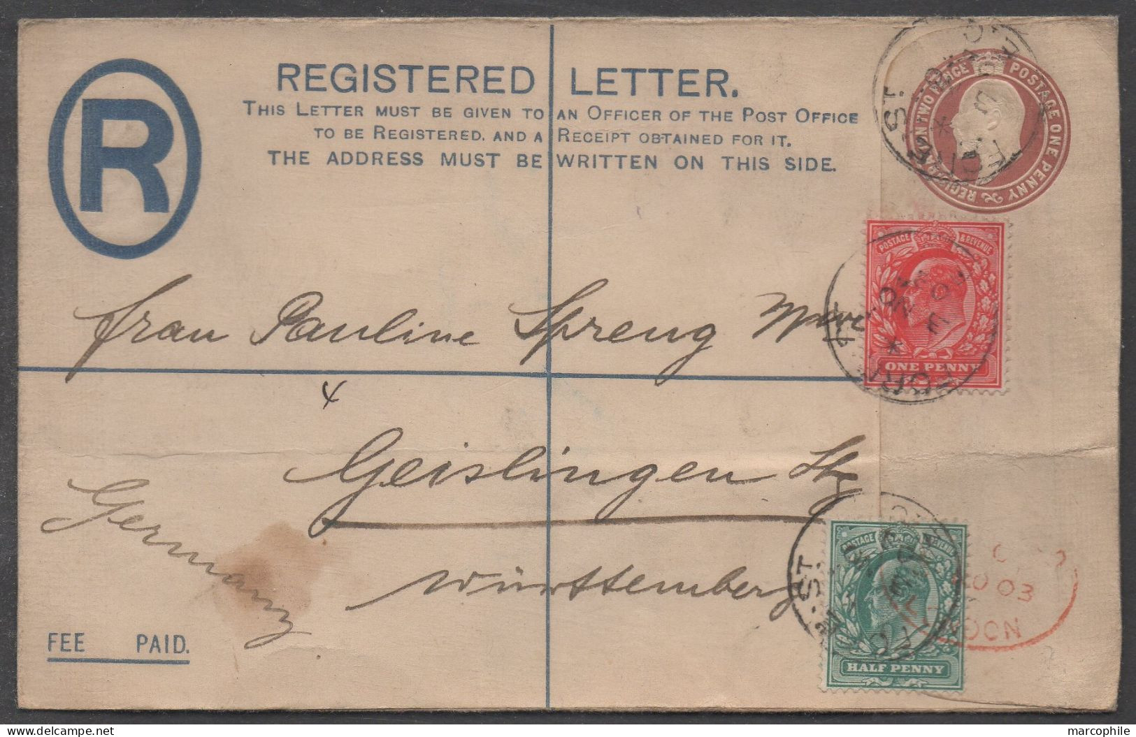 GB - UK /1903 ENTIER POSTAL RECOMMMANDE POUR L' ALLEMAGNE - Stamped Stationery, Airletters & Aerogrammes