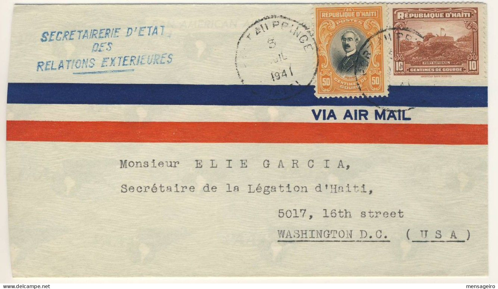 (C01) - HAITI - DIPLOMATIC AIR MAIL COVER SECRETAIRE D ETAT DES RELATIONS EXTERIEURES P AU P => USA 1941 - Haiti