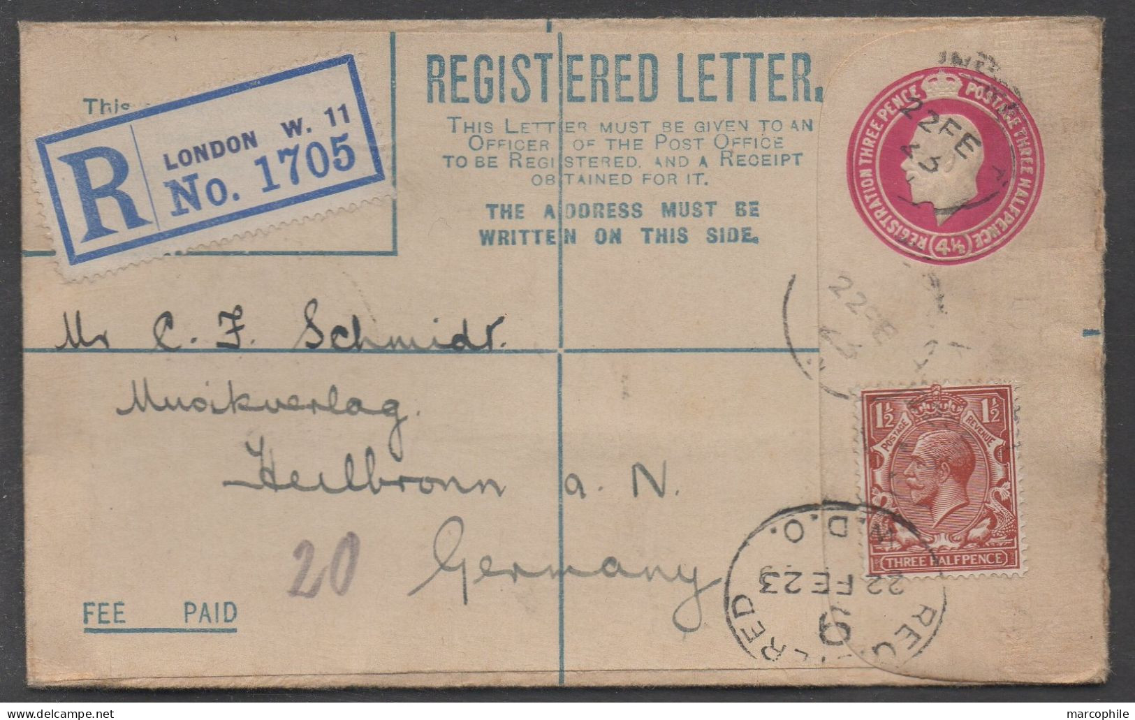 LONDRES - GB - UK / 1923 ENTIER POSTAL RECOMMMANDE POUR L' ALLEMAGNE - HEILBRONN - Stamped Stationery, Airletters & Aerogrammes