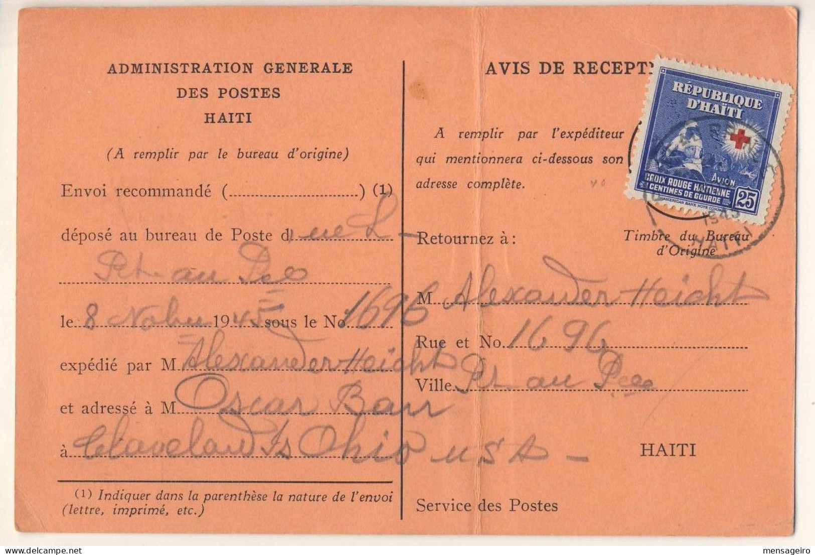 (C01) - HAITI - Y&T N° PA25 - SCOTT N°C026 AVIS DE RECEPTION ADVICE OF RECEIPT - P AU P 1945 - Haiti