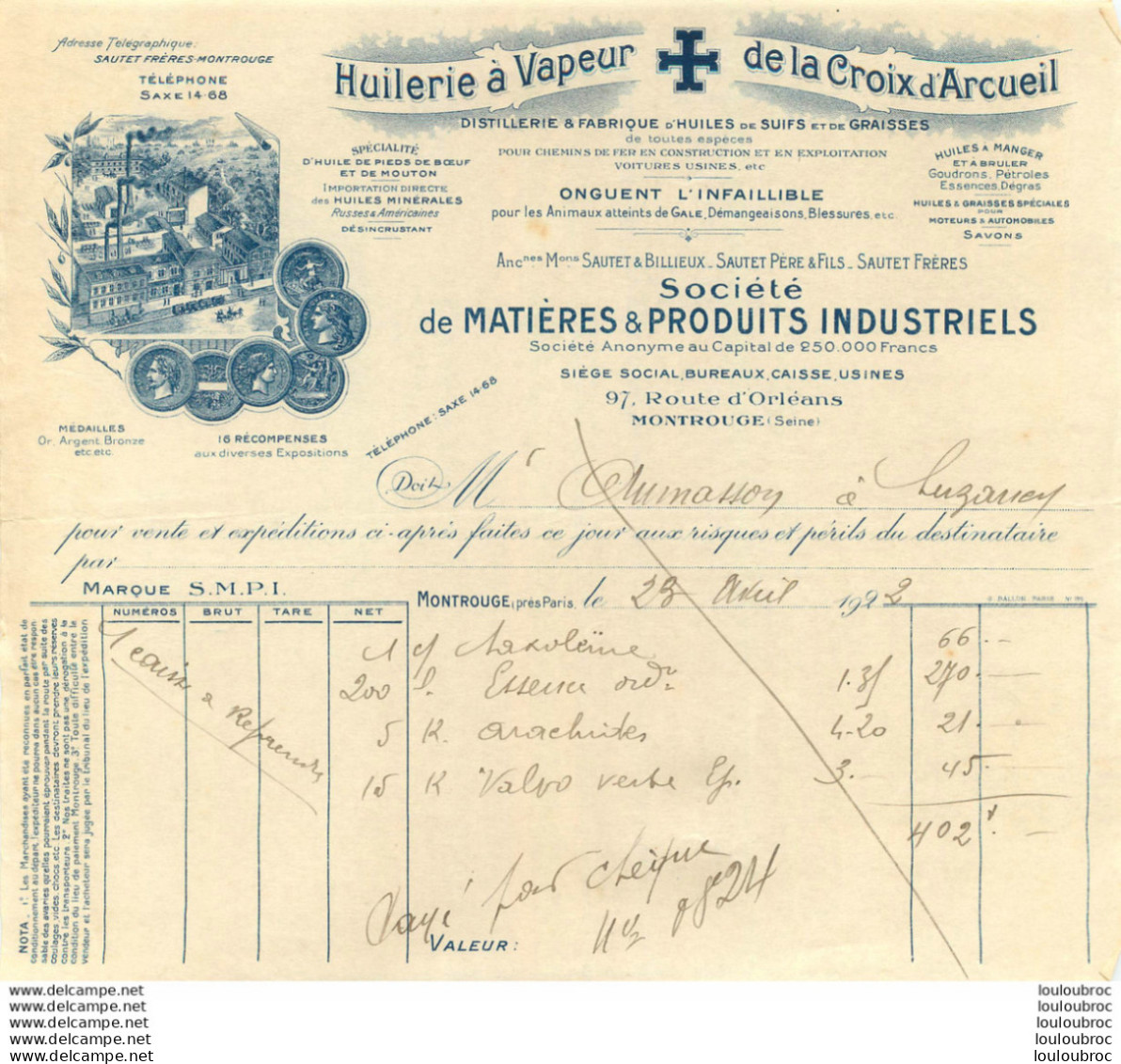 FACTURE HUILERIE A VAPEUR DE LA CROIX D'ARCUEIL 1922 AU  97 ROUTE D'ORLEANS MONTROUGE - 1900 – 1949