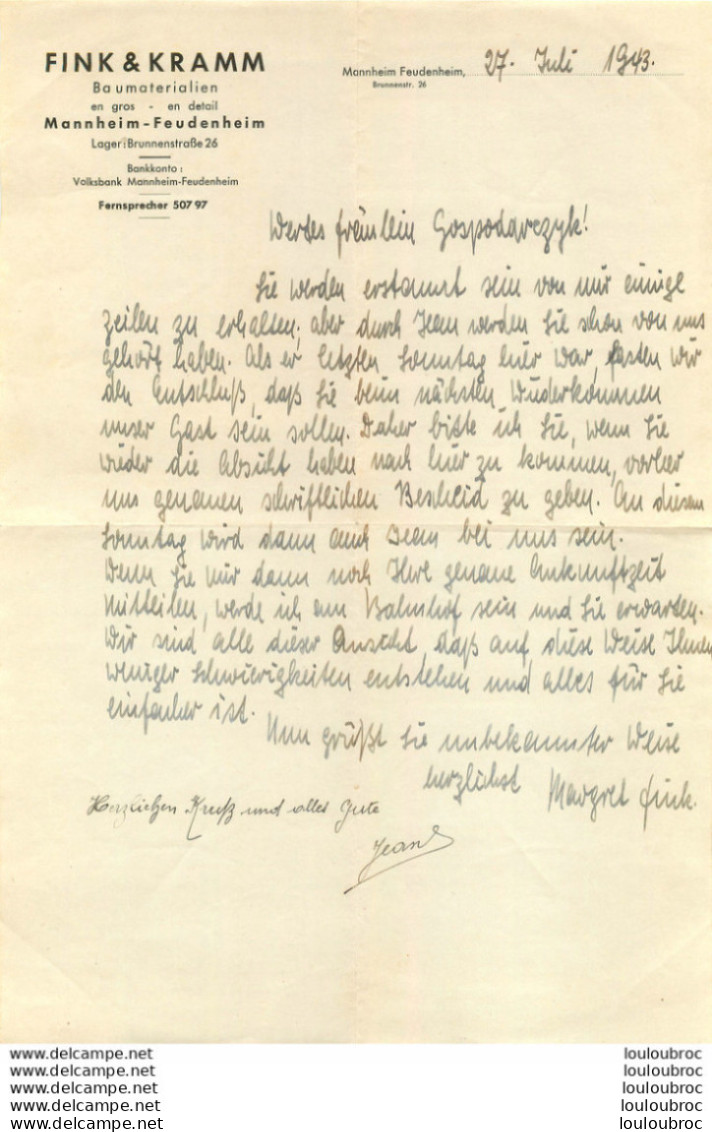 DOCUMENT 07/1943 FINK ET KRAMM MANNHEIM FEUDENHEIM - 1939-45