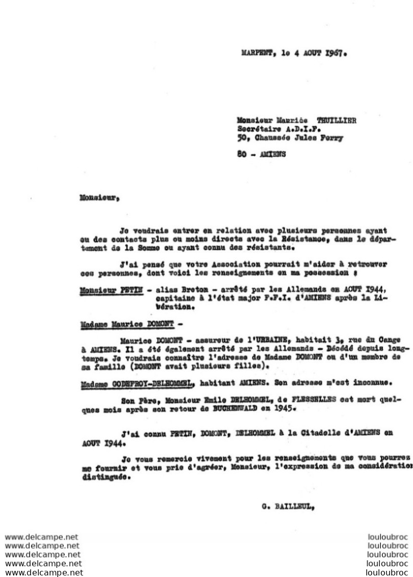 COURRIER ENVOYE EN 1967 A L'A.D.I.F. CONCERNANT DES RESISTANTS DE LA SOMME - 1939-45