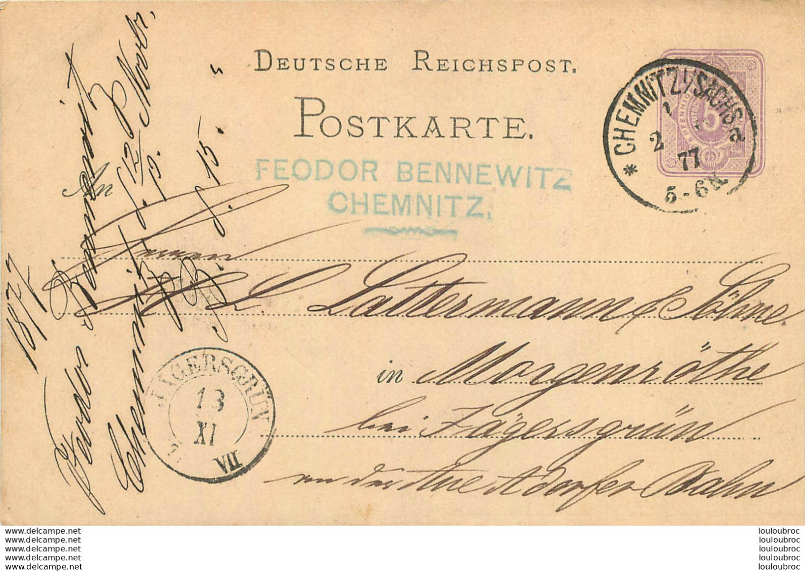 CHEMNITZ FEODOR BENNEWITZ 1877 ENTIER POSTAL - Sonstige & Ohne Zuordnung
