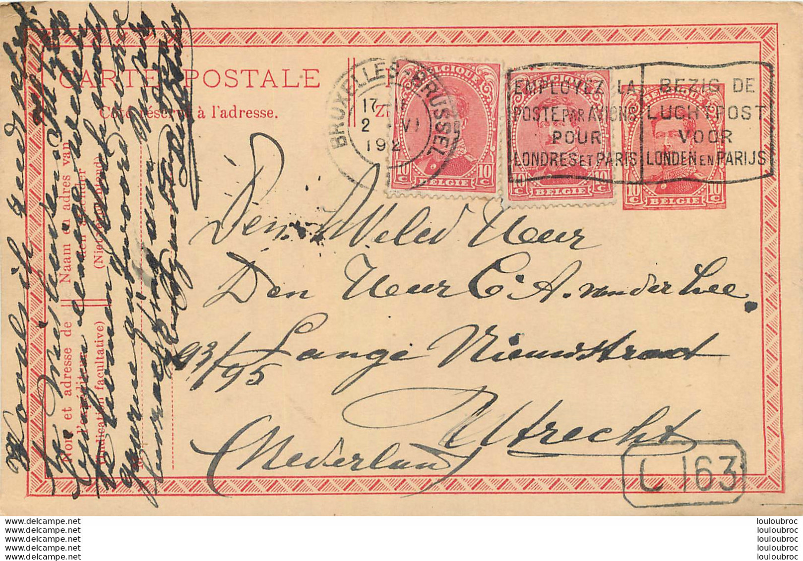 BRUXELLES 1920  CARTE ENTIER POSTAL - Briefkaarten 1909-1934
