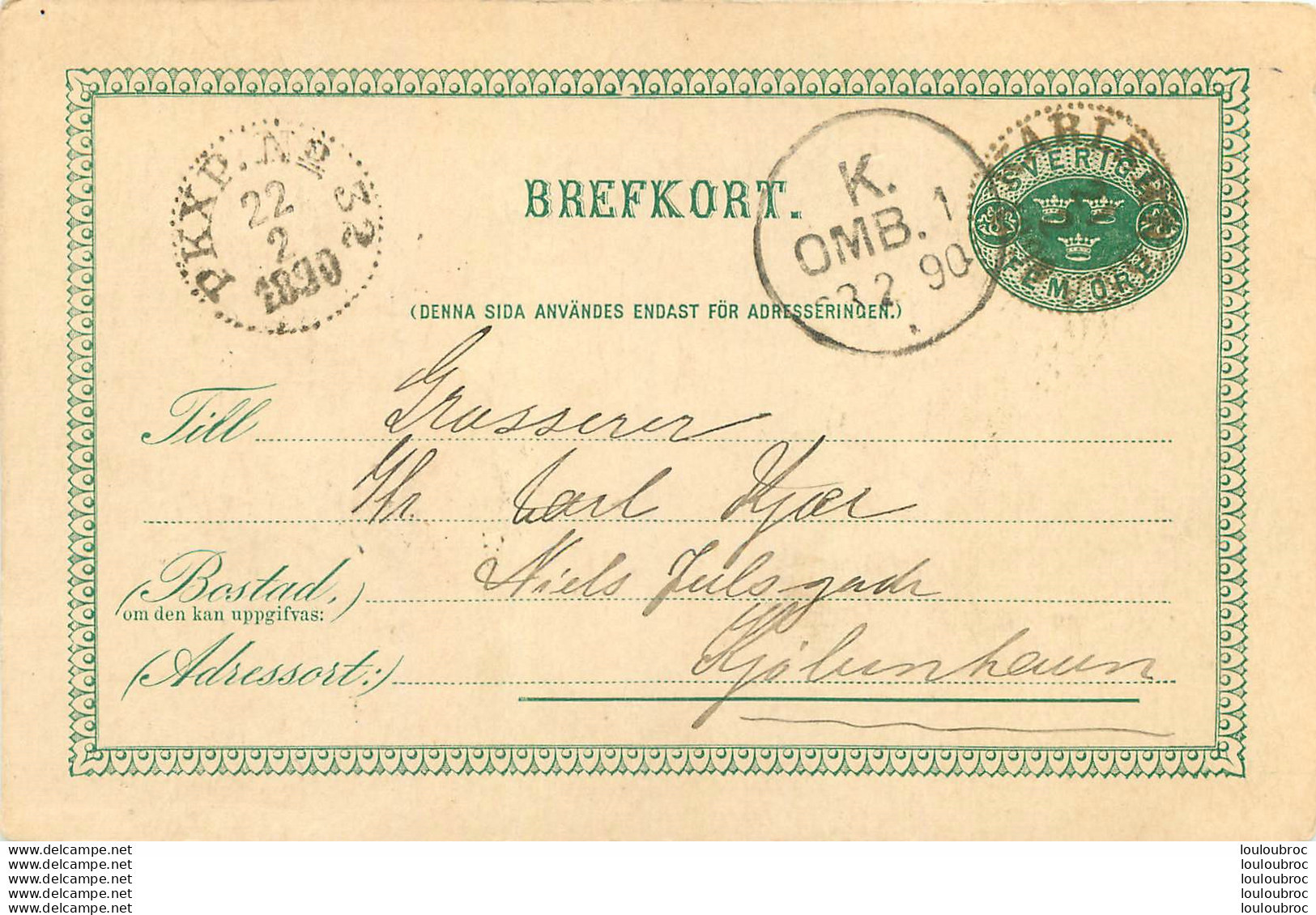 SUEDE BREFKORT ENTIER POSTAL 1890 - Andere & Zonder Classificatie