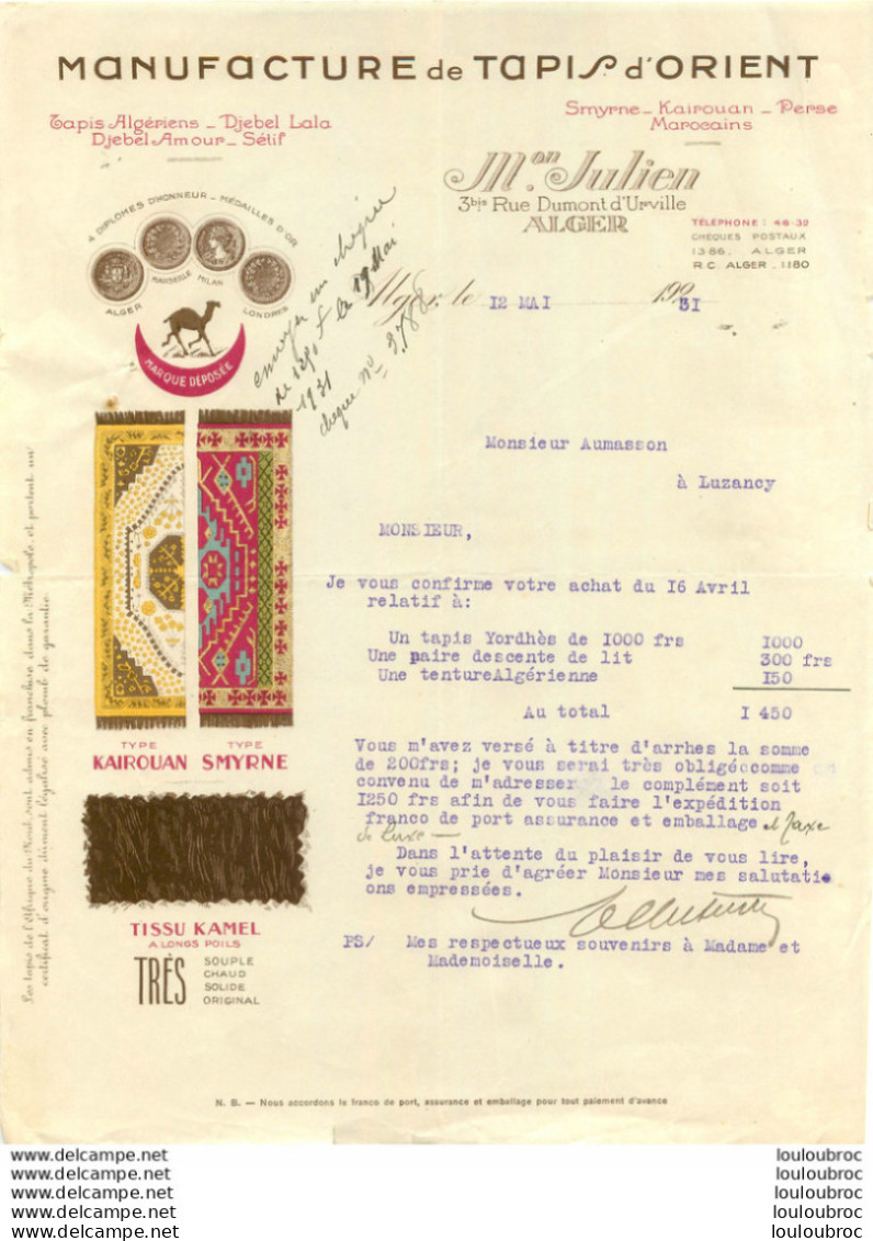 RARE ALGER FACTURE MANUFACTURE DE TAPIS D'ORIENT MAISON JULIEN 1931 - Otros & Sin Clasificación