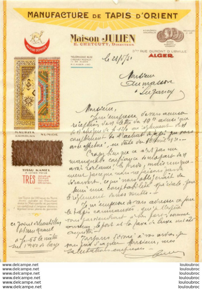 RARE ALGER FACTURE MANUFACTURE DE TAPIS D'ORIENT MAISON JULIEN 1931 F1 - Altri & Non Classificati