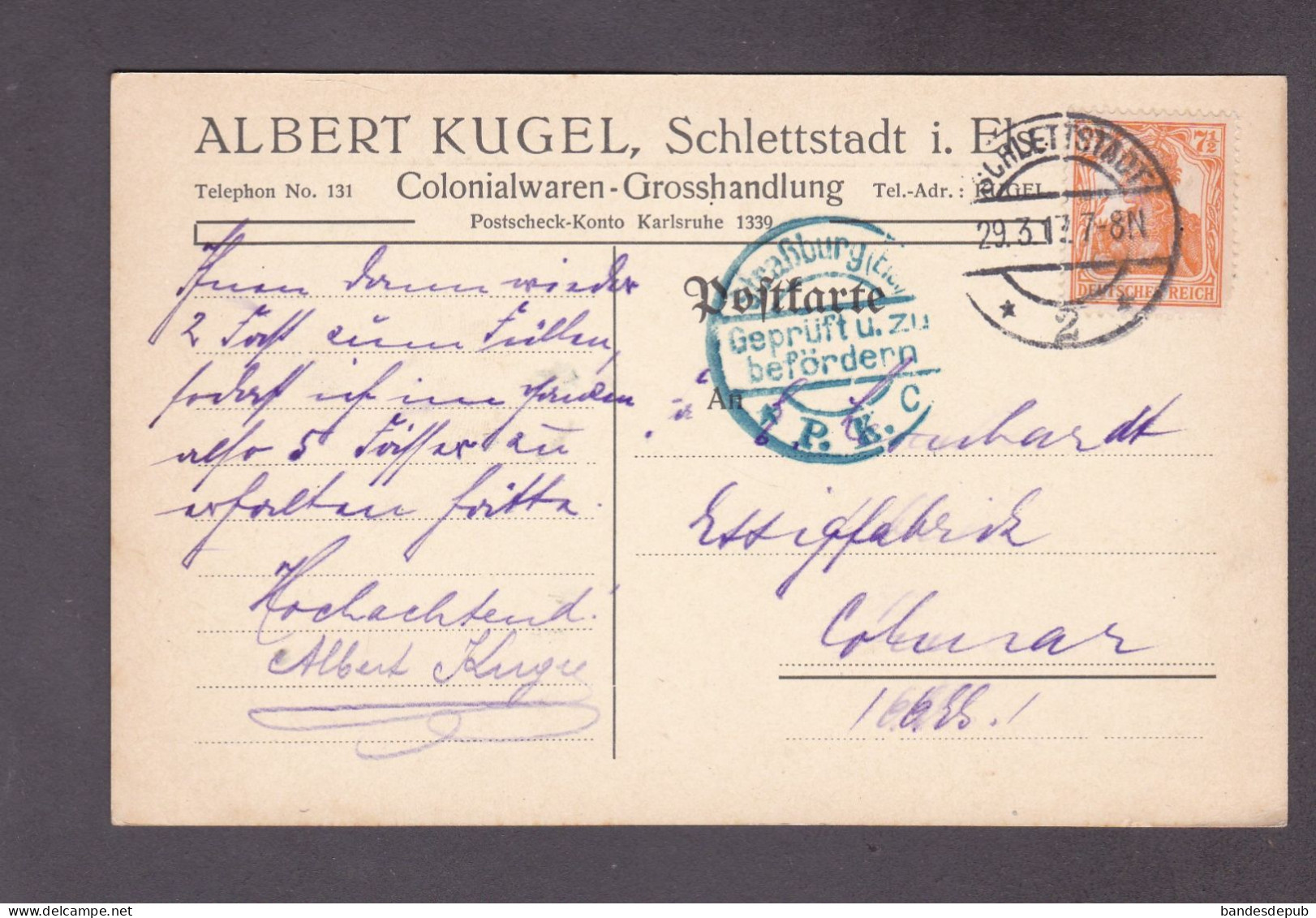 Selestat Schlettstadt Carte Commerciale Epicerie En Gros Albert Kugel Periode Guerre 14-18 ( 52985) - Selestat