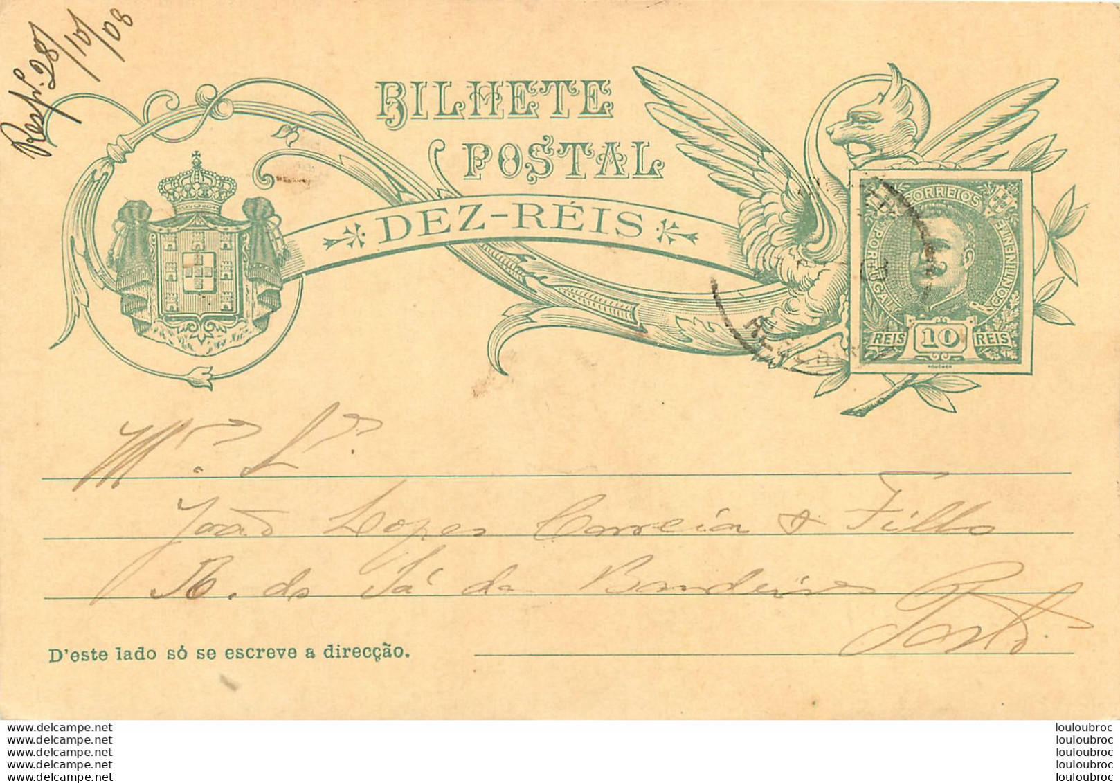 PORTUGAL BILHETE POSTAL ENTIER POSTAL 1908 - Ganzsachen