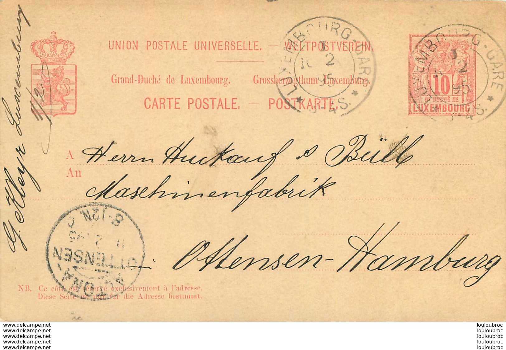 LUXEMBOURG  ENTIER POSTAL CARTE POSTALE 1895 - Stamped Stationery