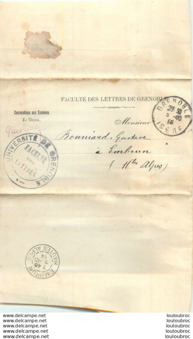 UNIVERSITE DE GRENOBLE FACULTE DES LETTRES DE GRENOBLE 1914  ELEVE BONNIARD - Unclassified