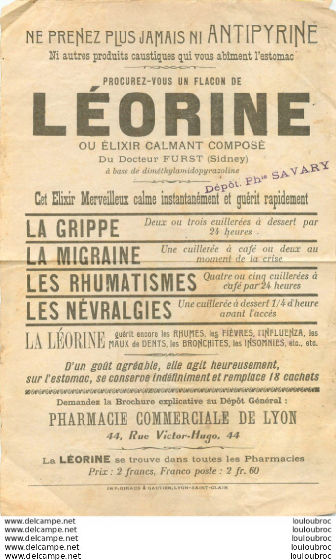 PUBLICITE LEORINE OU ELIXIR CALMANT COMPOSE DU DOCTEUR FURST PHARMACIE DE LYON - Reclame