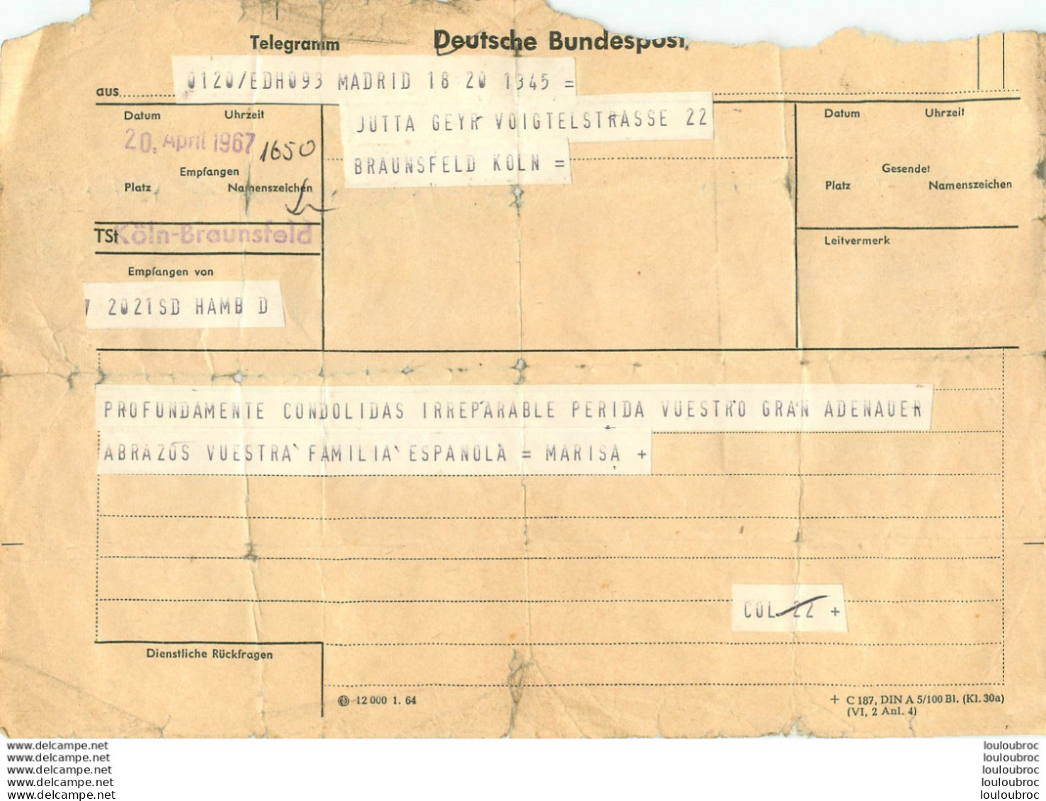 RARE TELEGRAMME DE CONDOLEANCES POUR LE CHANCELIER ADENAUER ENVOYE LE 20/04/1967  PAR L'ESPAGNE FORMAT  21X14CM - Historical Documents