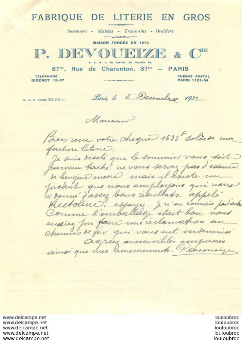 P. DEVOUEIZE ET CIE FABRIQUE DE LITERIE EN GROS RUE DE CHARENTON PARIS 12/1932 - 1900 – 1949