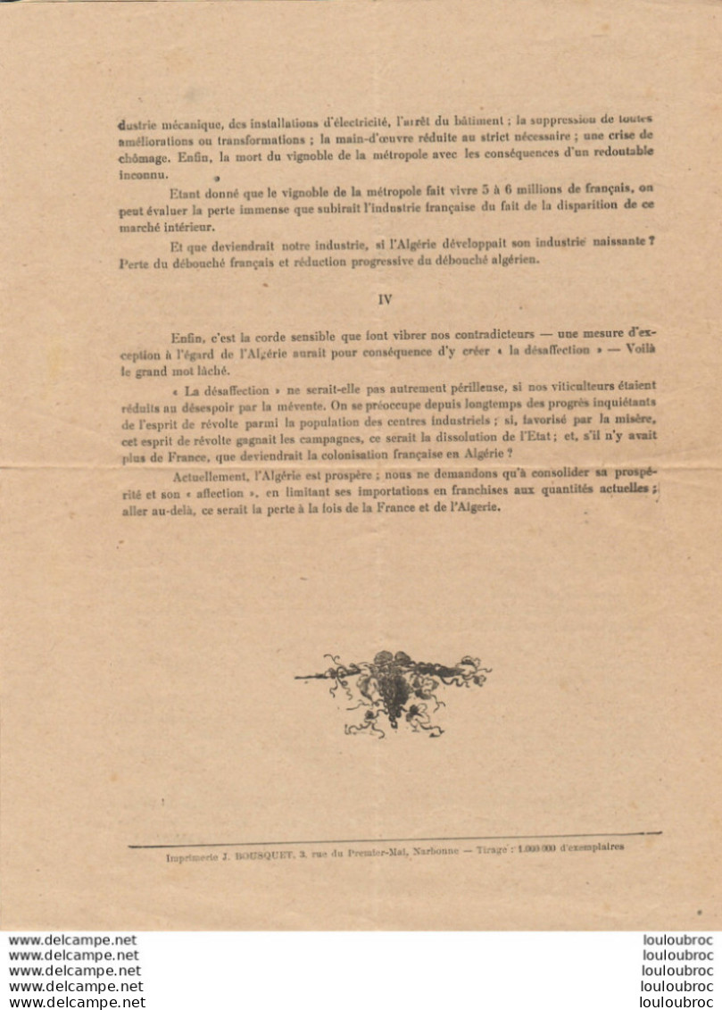 RARE CONFEDERATION GENERALE DES VIGNERONS LA QUESTION ALGERIENNE 1929 DOCUMENT 4 PAGES - Landwirtschaft