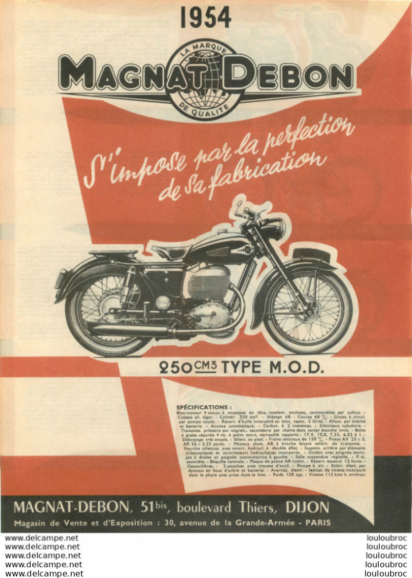 PUBLICITE MOTOCYCLETTE MAGNAT DEBON 1954  BD THIERS DIJON - Werbung