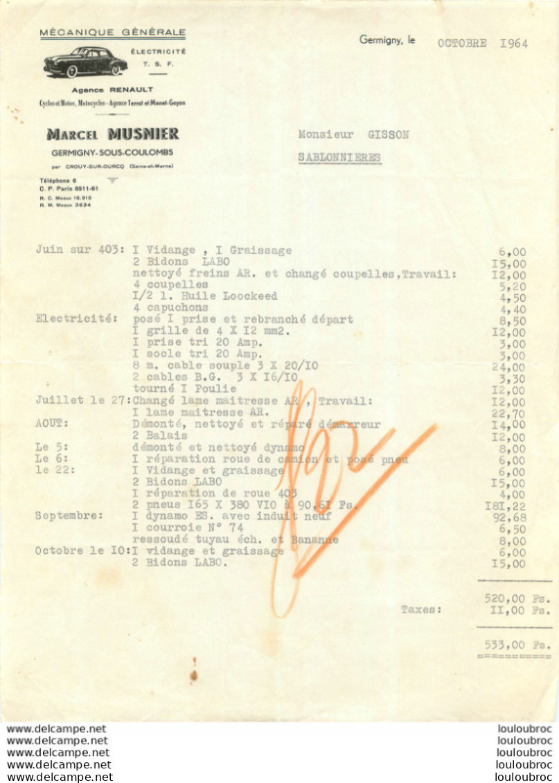 MARCEL MUSNIER MECANIQUE GENERALE GERMIGNY SOUS COULOMBS AGENCE RENAULT 10/1964 - 1950 - ...