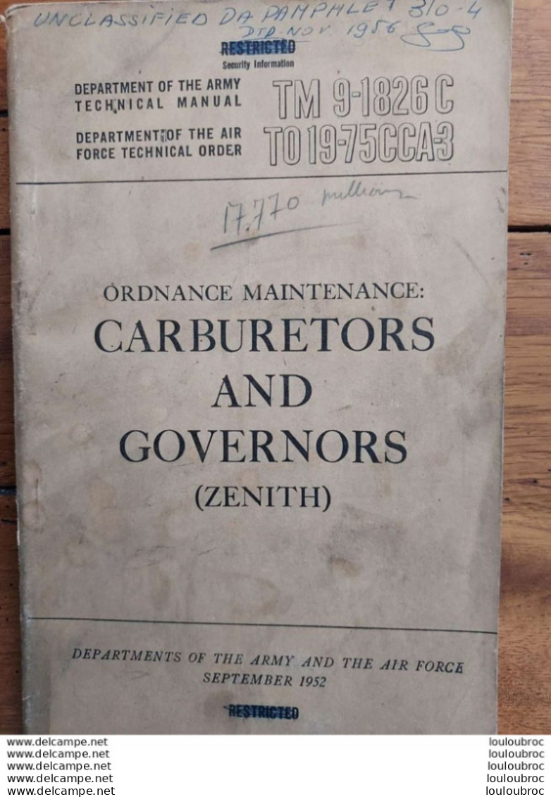 TECHNICAL MANUAL TM 9-1826C ET TO 19-75CCA-3  CARBURATORS AND GOVERNORS 1952 OF THE ARMY  320 PAGES ECRIT EN ANGLAIS - Auto's