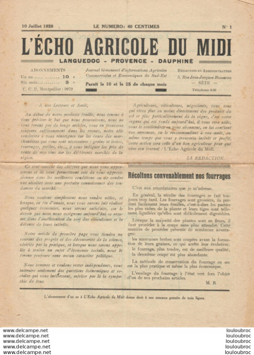 L'ECHO AGRICOLE DU MIDI 1928 DOCUMENT DE 4 PAGES - Landbouw