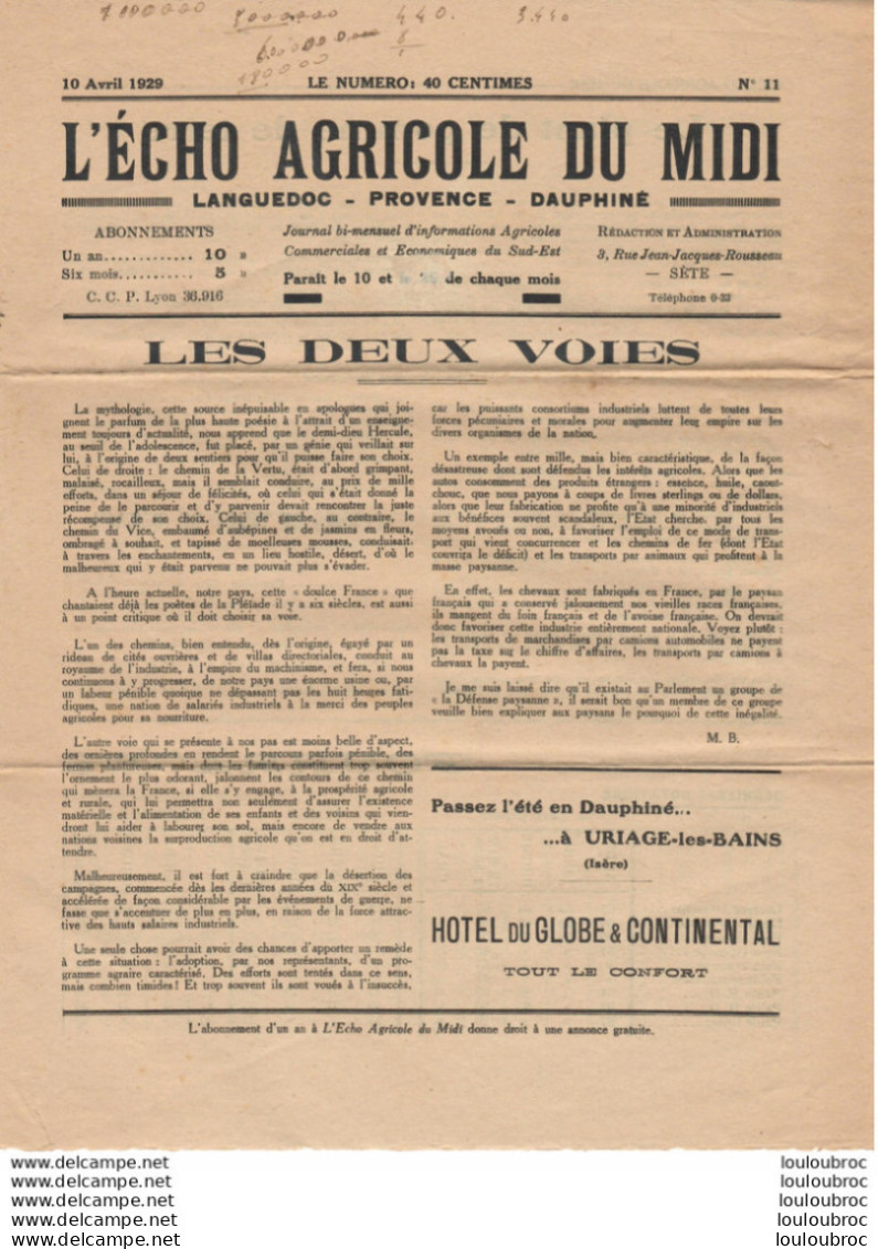 L'ECHO AGRICOLE DU MIDI 1929  DOCUMENT DE 4 PAGES - Landbouw