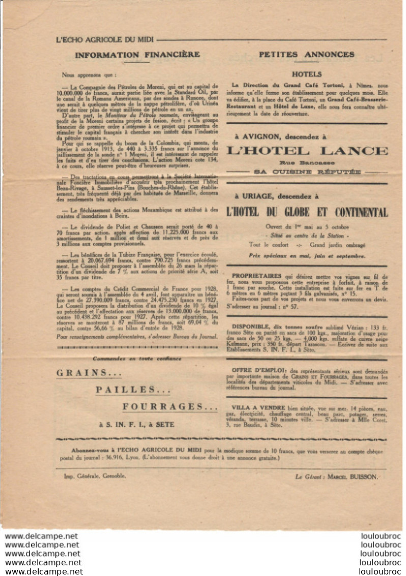 L'ECHO AGRICOLE DU MIDI 1929  DOCUMENT DE 4 PAGES - Landwirtschaft