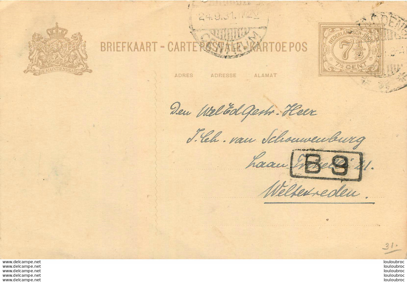 INDES NEERLANDAISES ENTIER POSTAL 1931 - Indes Néerlandaises