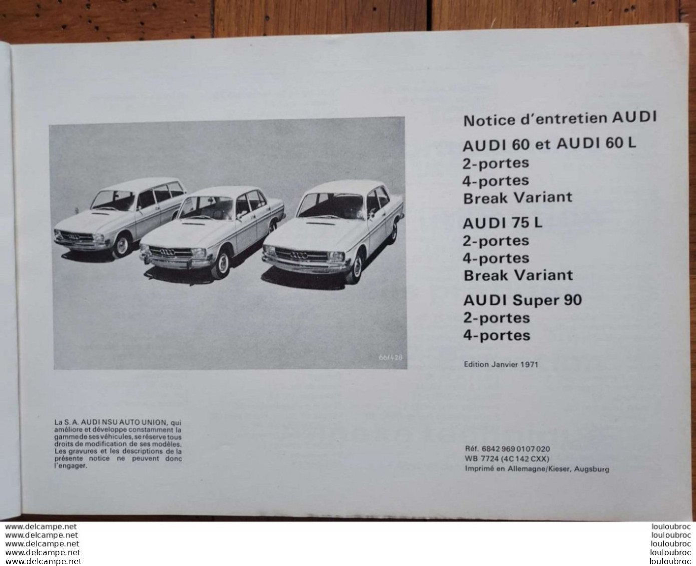 NOTICE ENTRETIEN AUDI 60/75/90 ANNEE 1971  LIVRET DE 77 PAGES - Auto's