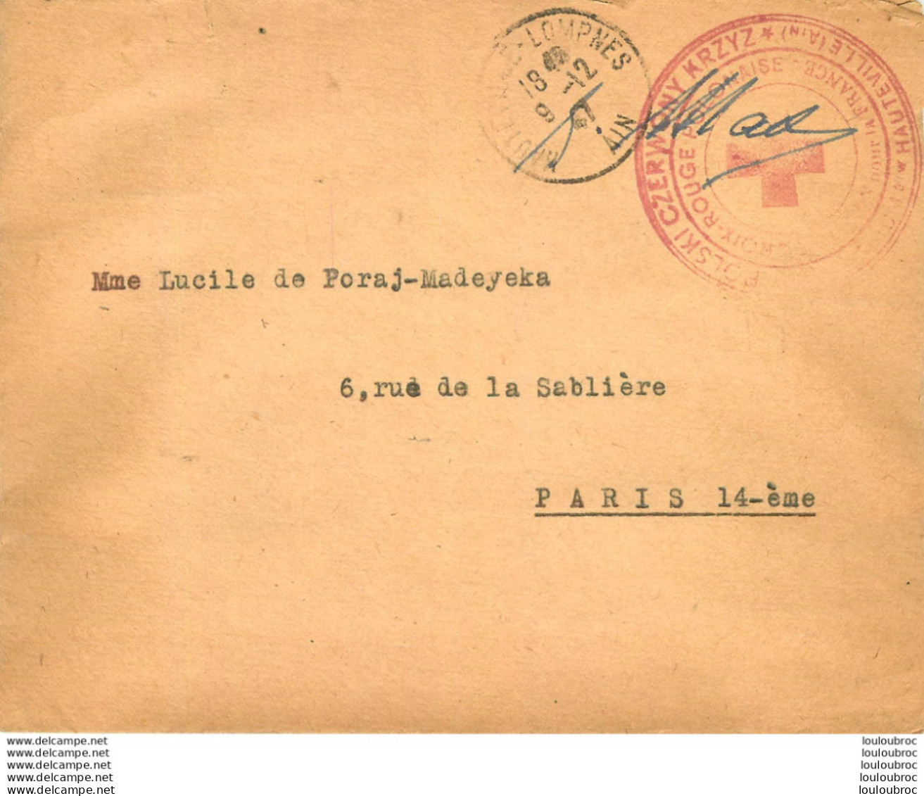 FRANCHISE CROIX ROUGE POLONAISE HAUTEVILLE LOMPNES AIN SANATORIUM 09/12/1947 POUR PARIS MALADE MADEYSKI - Guerra De 1939-45