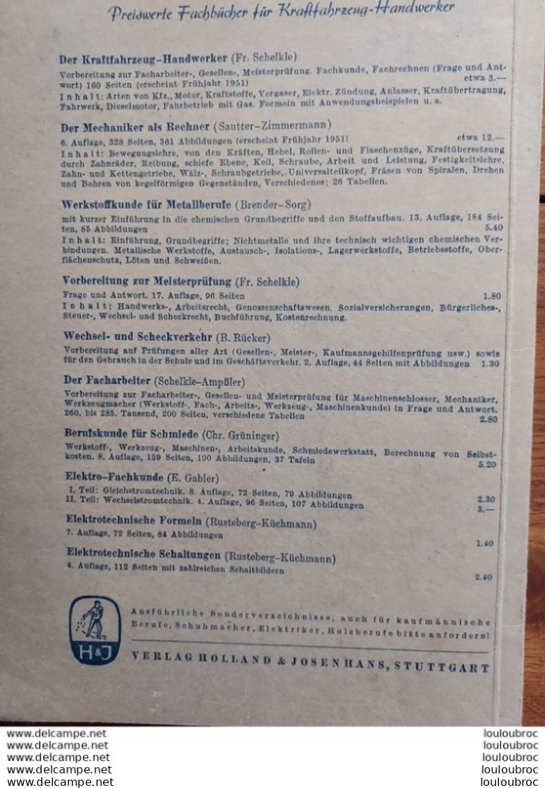 FACHRECHNEN FUR KRAFTFAHRZEUGHANDWERKER 1950 PAUL BINDER CALCULS TECHNIQUES POUR AUTOS MANUEL DE 144 PAGES - KFZ