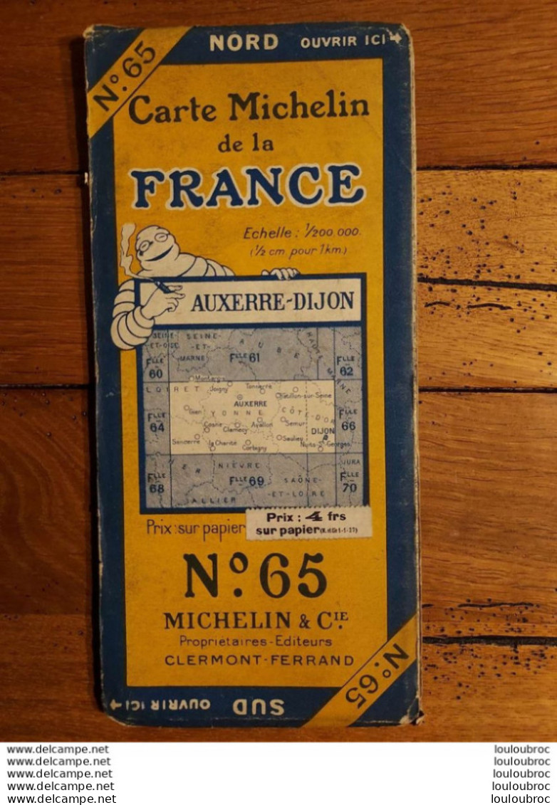 CARTE ROUTIERE MICHELIN  N°65 AUXERRE DIJON  1/200 000 BIBENDUM - Strassenkarten