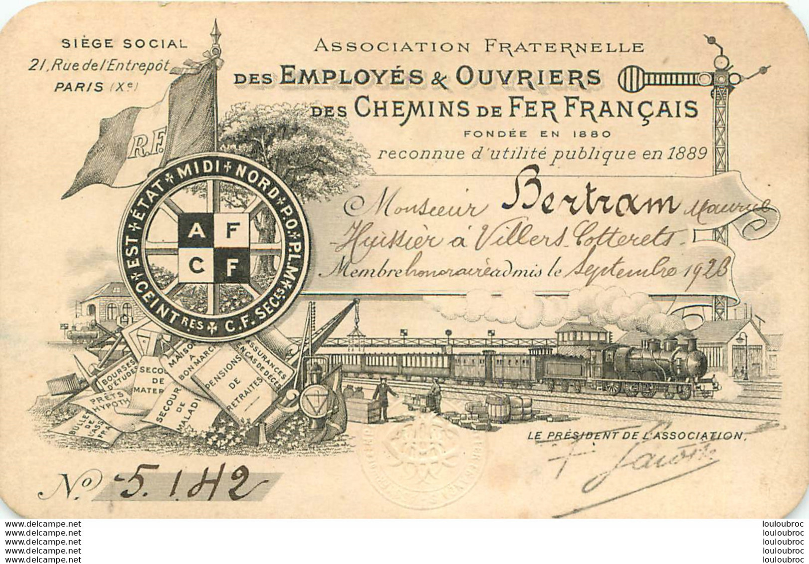 CARTE D'IDENTITE ASSOCIATION FRATERNELLE DES EMPLOYES DES CHEMINS DE FER FRANCAIS MONSIEUR BERTRAM 1928 - Railway