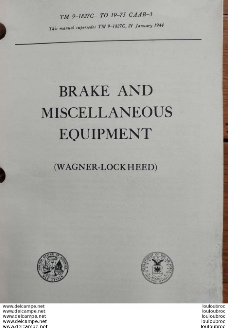 BRAKE AND MISCELLANEOUS EQUIPMENT FREINS ET EQUIPEMENTS  1953 OF THE ARMY AND THE AIR FORCE 245 PAGES ECRIT EN ANGLAIS - Cars