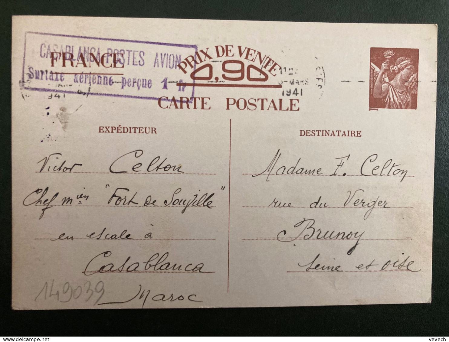 CP E IRIS 0,90 OBL.MEC.6 MARS 1941 CASABLANCA POSTES + Cachet SURTAXE AERIENNE+Victor CELTON Chef Mien "FORT DE SOUVILLE - 2. Weltkrieg 1939-1945