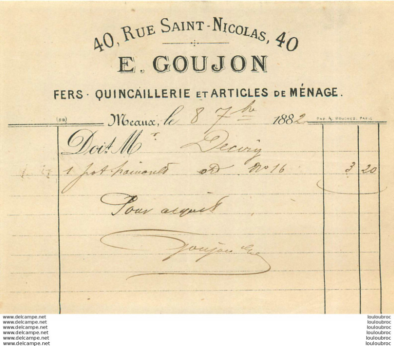 E. GOUJON FERS QUINCAILLERIE 40 RUE SAINT NICOLAS A MEAUX  1882 - 1800 – 1899