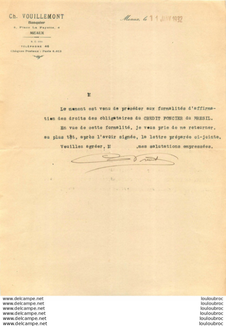 CH. VOUILLEMONT BANQUIER 4 PLACE LA FAYETTE A MEAUX EN 1932 - 1900 – 1949